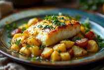 Baccalà con patate servito in padella.