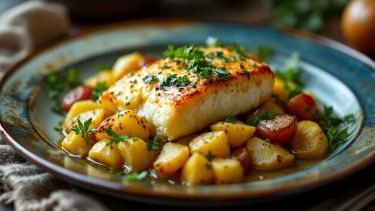 Baccalà con patate servito in padella.