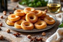 Ciambelline dorate servite su vassoio rustico.