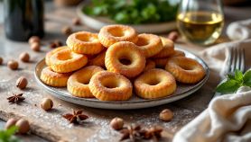 Ciambelline dorate servite su vassoio rustico.
