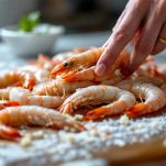 Gamberoni freschi puliti disposti su carta assorbente da cucina