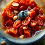 Ingredienti per salsa di pomodori secchi in un frullatore: pomodori reidratati, olio d'oliva, limone e aglio