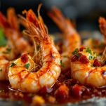 iatto di gamberoni cotti al sale serviti con ciotola di salsa rossa ai pomodori secchi