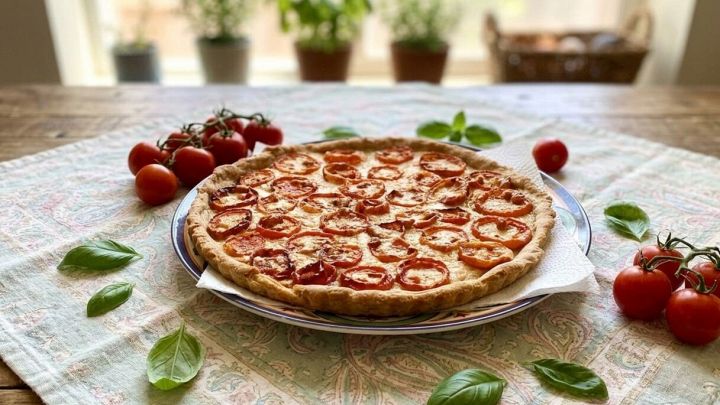 Crostata con pomodori e formaggio cotta e adagiata sul tavolo