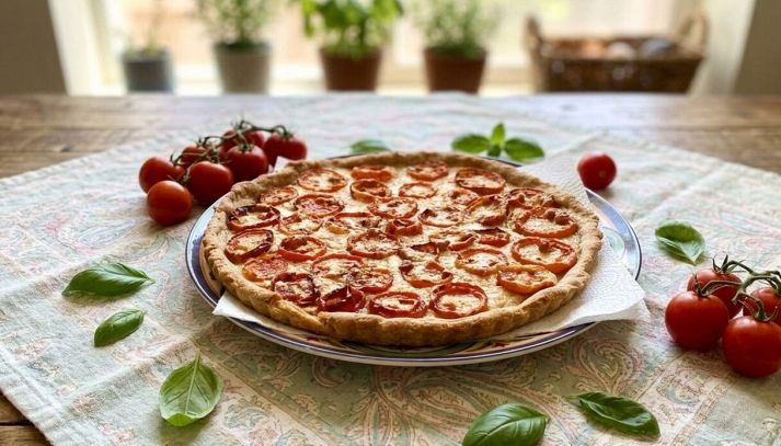 Crostata con pomodori e formaggio cotta e adagiata sul tavolo