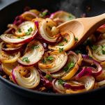 Cipolla affettata e radicchio in padella.