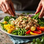 Patate, fagiolini, tonno, cipolla rossa, peperone, foglie di lattuga