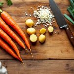 Carote, patate e porri pronti per la cottura.