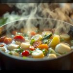 Casseruola coperta con brodo e verdure.