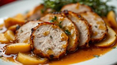 Arista alle mele affettata con salsa.