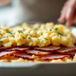 Stampo con strati di patate e prosciutto.