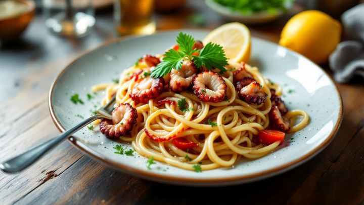 impiattamento degli spaghetti al polpo