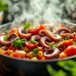 polpo a pezzetti e verdure in cottura