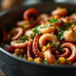 polpo con verdure sul fuoco