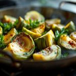 Condimento di carciofi in tegame.