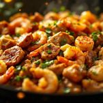 Carne e scampi in cottura nel wok