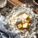 Ingredienti mescolati su spianatoia.