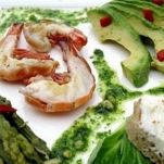 Piatto terra mare con pesto alla rucola e porri
