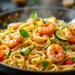 Sugo di gamberetti e zucchine sulla pasta