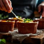 uova nelle terrine con verdure da far cuocere