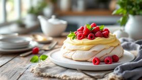 Pavlova pronta servita con crema e lamponi freschi.