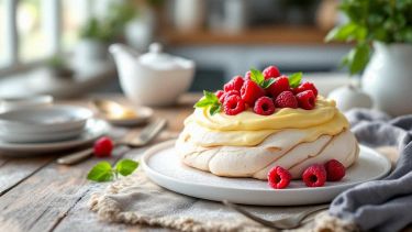 Pavlova pronta servita con crema e lamponi freschi.