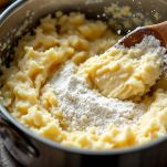 Patate schiacciate in una pentola con farina.