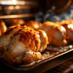 Pollo in teglia pronto per essere infornato.