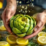 Carciofi tagliati a spicchi in acqua acidulata.