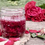 Homemade rose petal jam. Flower confiture. Healthy food. Copy space