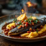 Anguilla in fase di cottura con sugo aromatico.