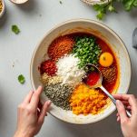 Una frusta che amalgama liquidi chiari e amido in una ciotolina di vetro.