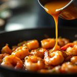 Gamberi avvolti da una salsa densa e lucida che bolle leggermente.
