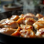 Pezzi di coniglio dorati in padella.