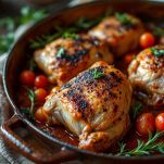 Pezzi di coniglio in cottura con sugo.