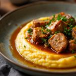 Piatto di polenta con pezzi di coniglio.