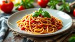 impiattamento degli spaghetti alla marinara con basilico