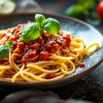 spaghetti alla marinara con foglie di basilico