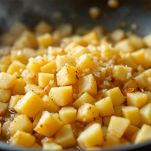 Mix di cipolle e patate in fase di cottura.
