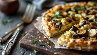 Fetta di torta salata con carciofi dorata