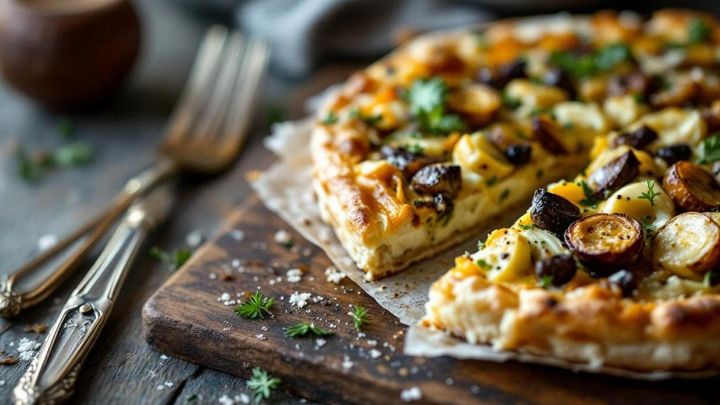 Fetta di torta salata con carciofi dorata