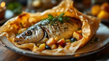 Branzino al cartoccio servito nel suo involucro
