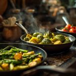 Asparagi, pomodori e carciofi in cottura