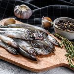 Fresh raw sea small fish smelt. Gray background. Top view.