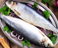 Due aringhe con occhio lucido, branchie rosse e pelle tesa e lucida, grigia scuro sul dorso e argentata sul ventre; sono su un vassoio argento