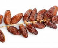 Su sfondo bianco, un piccolo ramo di datteri secchi, con una carnosa scorza bruna con sfumature aranciate, lucida e raggrinzita