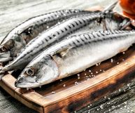 Tre sgombri freschi, con occhio vivo, branchie rosate, bocca a taglio, striature scure sul dorso e ventre perlato, posati su un tagliere in legno