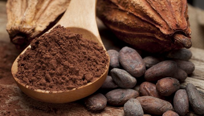 Composizione con fave di cacao marroni scuro, cacao amaro in polvere in cucchiaio di legno e guscio contenente i semi opi usati nella preparazione del cioccolato