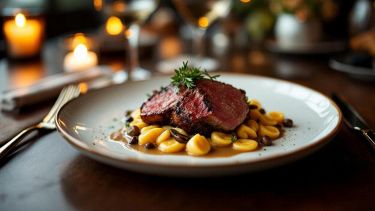 Anatra selvatica al forno servita con contorno.