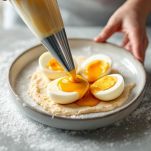 Uova farcite con salsa di tuorli.